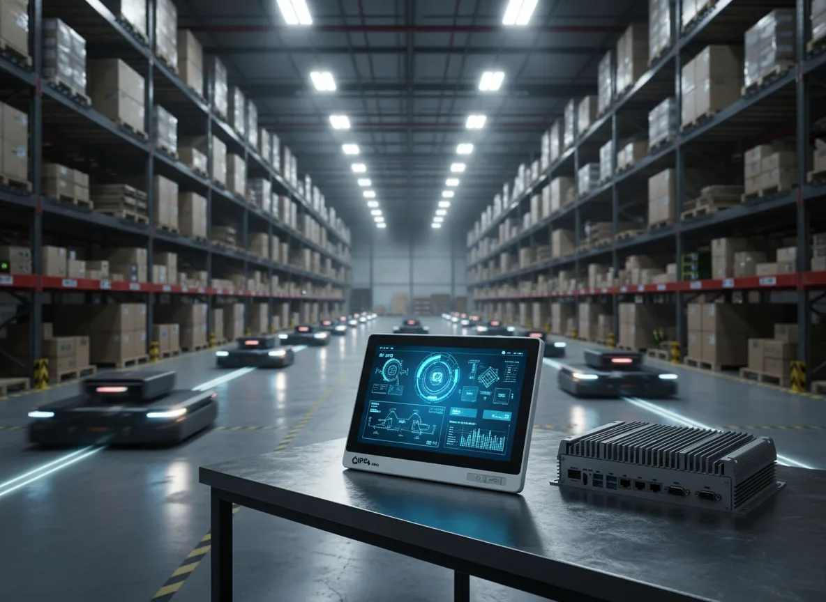 Akıllı depo – AGV araçları ve IPC4 Box PC ekranı