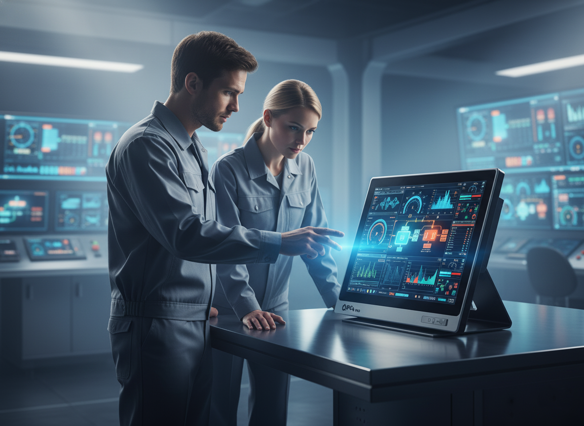 Otomasyon mühendisleri SCADA ekranı başında – IPC4PRO Panel PC üzerinde proje görünümü