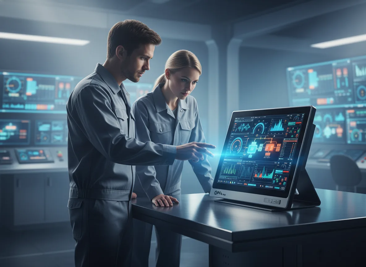 Otomasyon mühendisleri SCADA ekranı başında – IPC4PRO Panel PC üzerinde proje görünümü