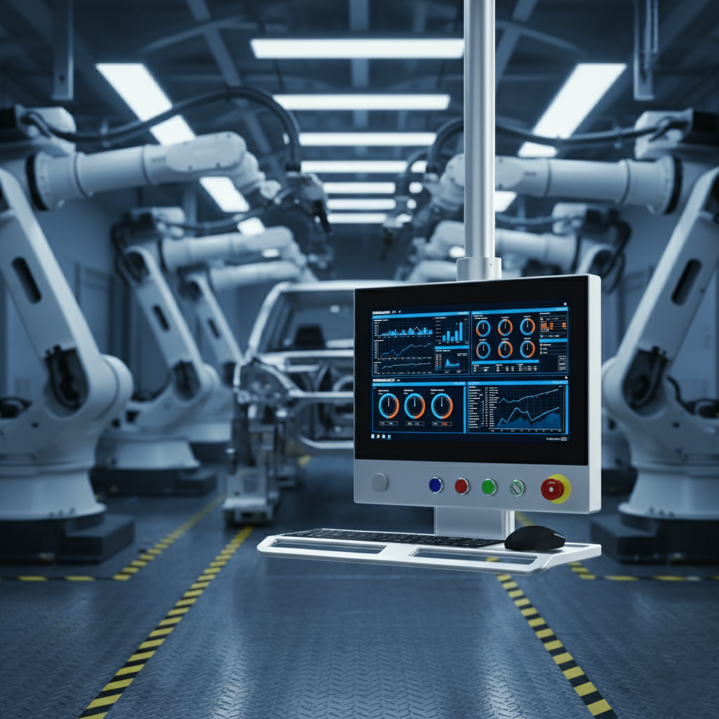 Montaj hattında robot kollar ve IPC4 Panel PC ekranı