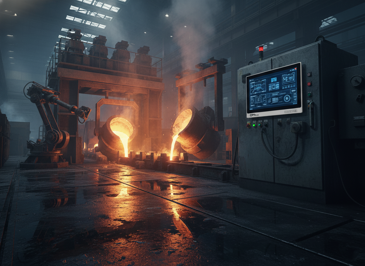 Dökümhane hattı – metal ışıltısı, arkada dayanıklı endüstriyel PC