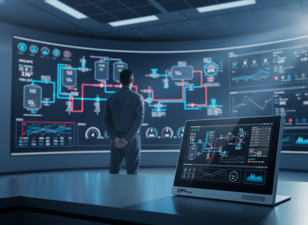 Kontrol odasında büyük SCADA ekranı açık, yanında IPC4PRO Panel PC
