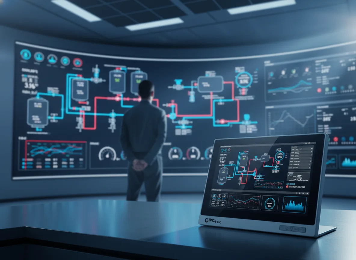 Kontrol odasında büyük SCADA ekranı açık, yanında IPC4PRO Panel PC