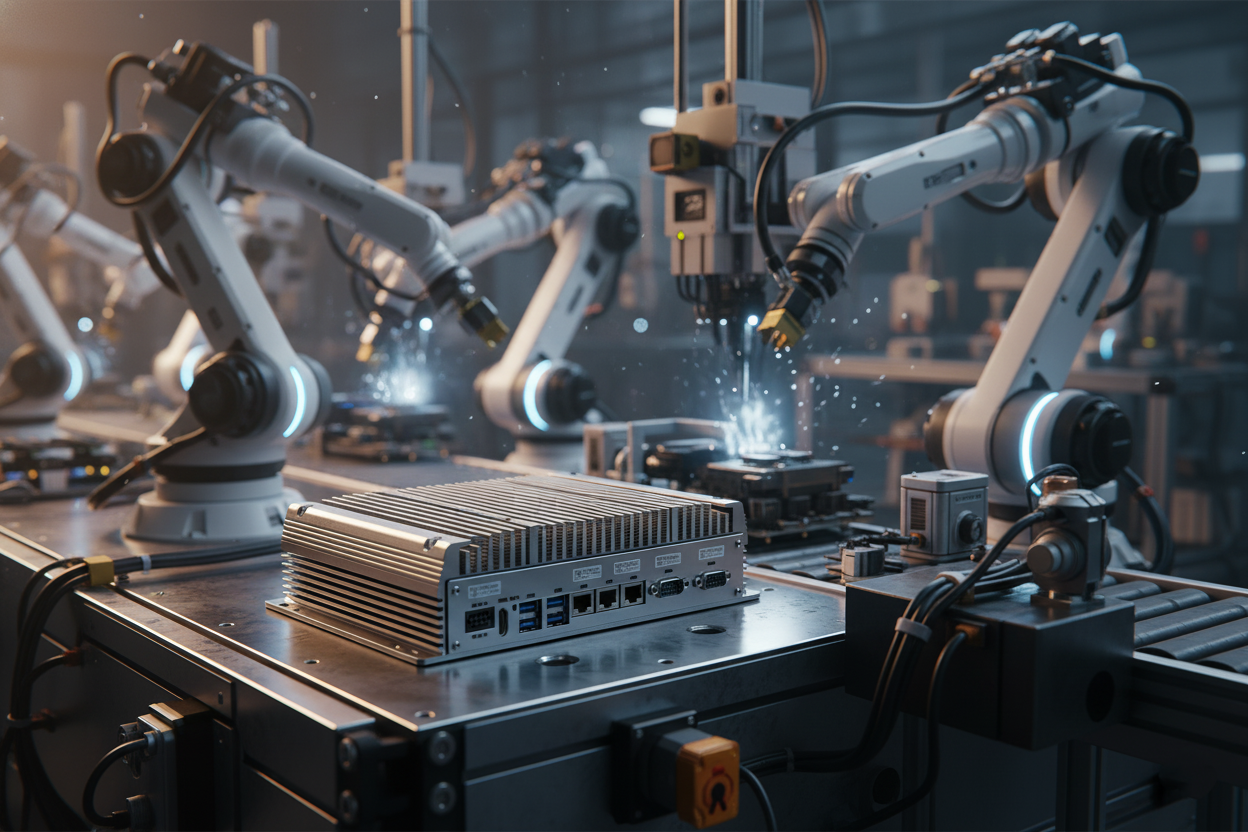 Üretim hattında çalışan robot kollar, yanında IPC4PRO Box PC