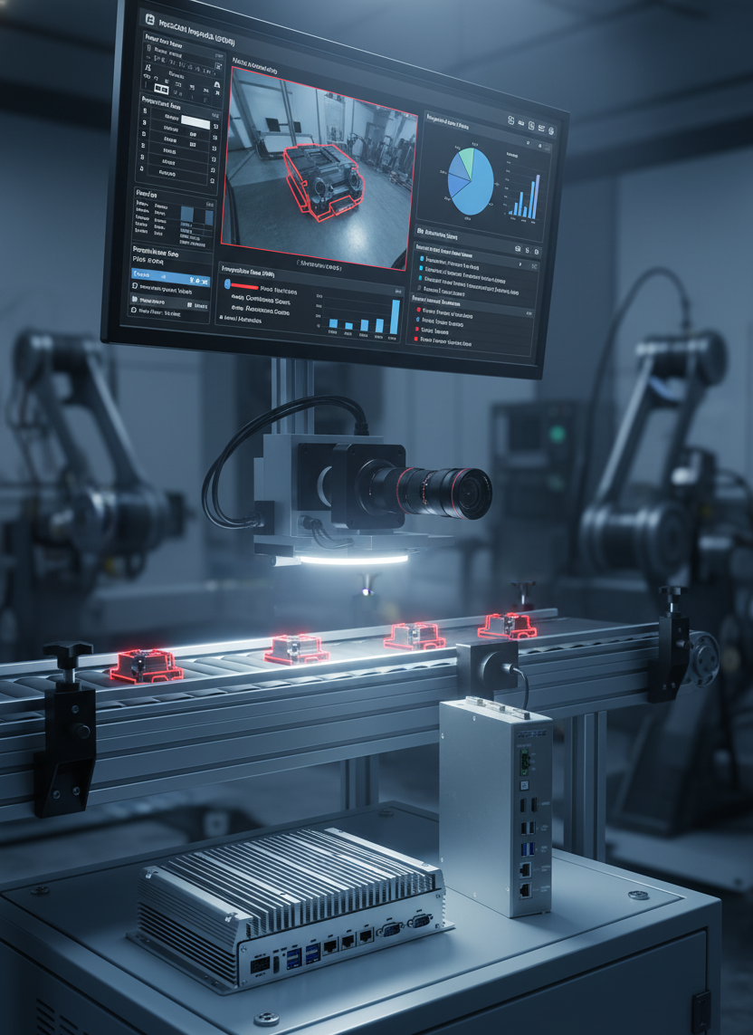 Ürün hattında yüksek çözünürlüklü kamera, kalite tespit ekranı açık