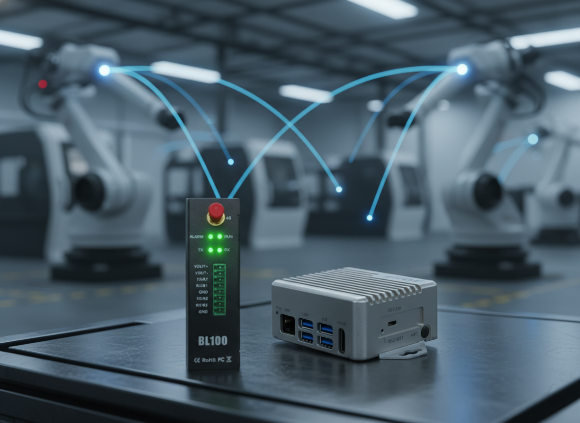 Fabrika sahasında sensörler, IoT Gateway cihazı ve IPC4 mini PC