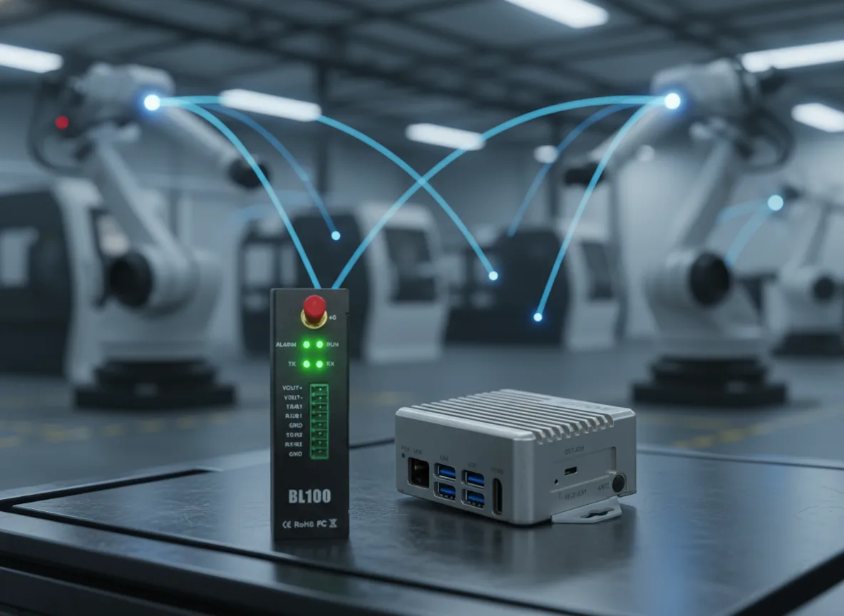 Fabrika sahasında sensörler, IoT Gateway cihazı ve IPC4 mini PC