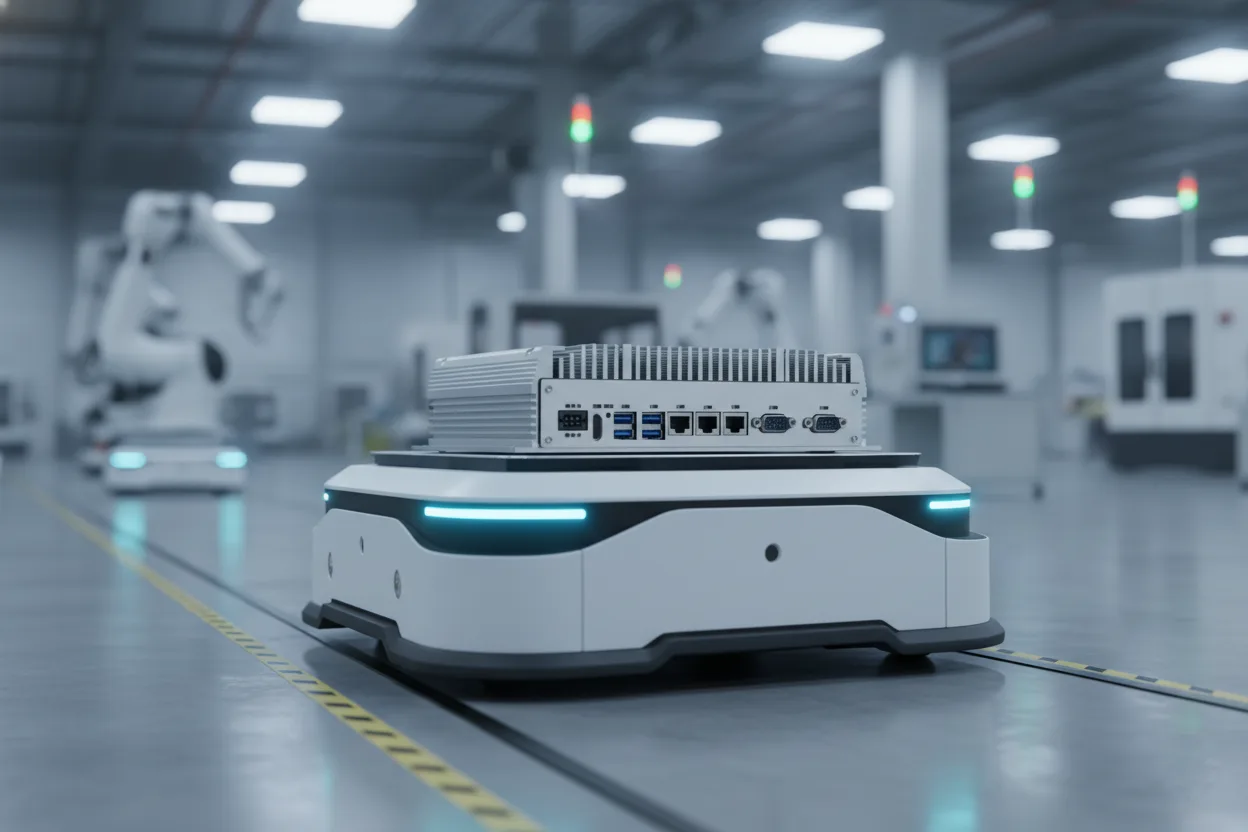Üretim tesisinde hareket eden AGV aracı – üzerinde IPC4 Box PC etiketi