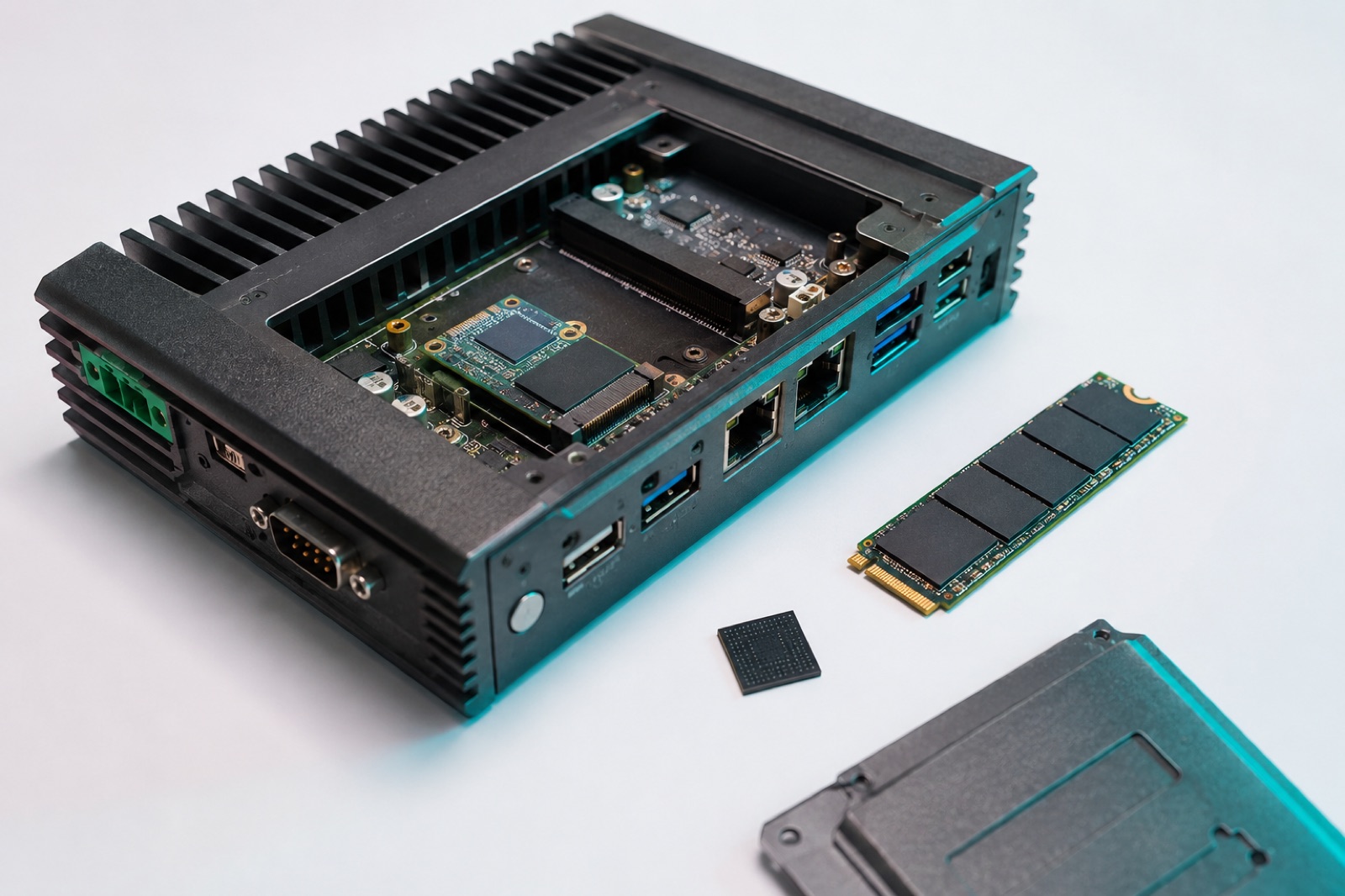 Açık fansız endüstriyel Box PC: takılı mSATA modülü, yanında sökülebilir M.2 SSD ve lehimli eMMC yongası