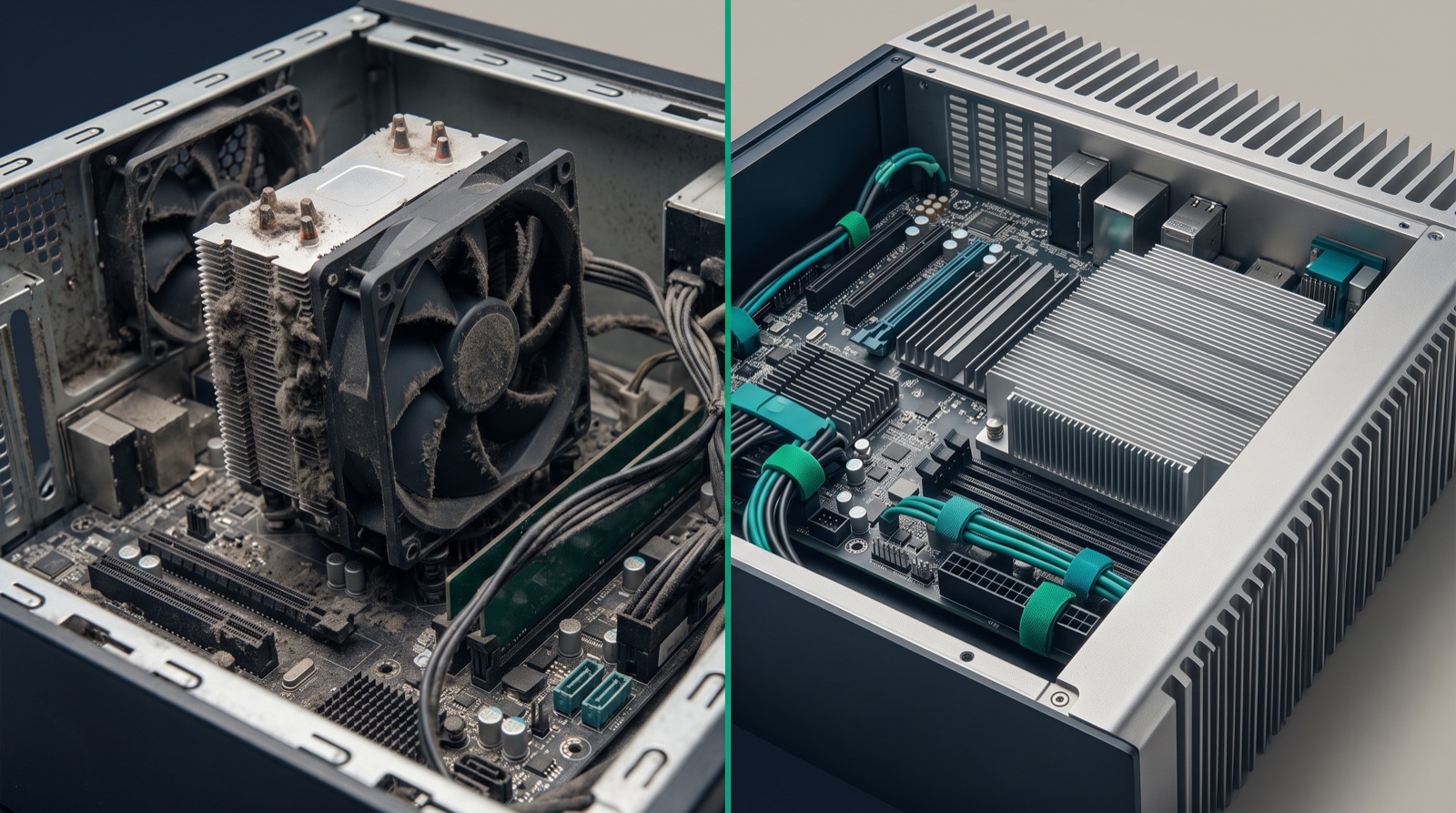 Fanlı masaüstü PC içinde birikmiş metalik toz ile fansız kapalı gövdeli Box PC karşılaştırması