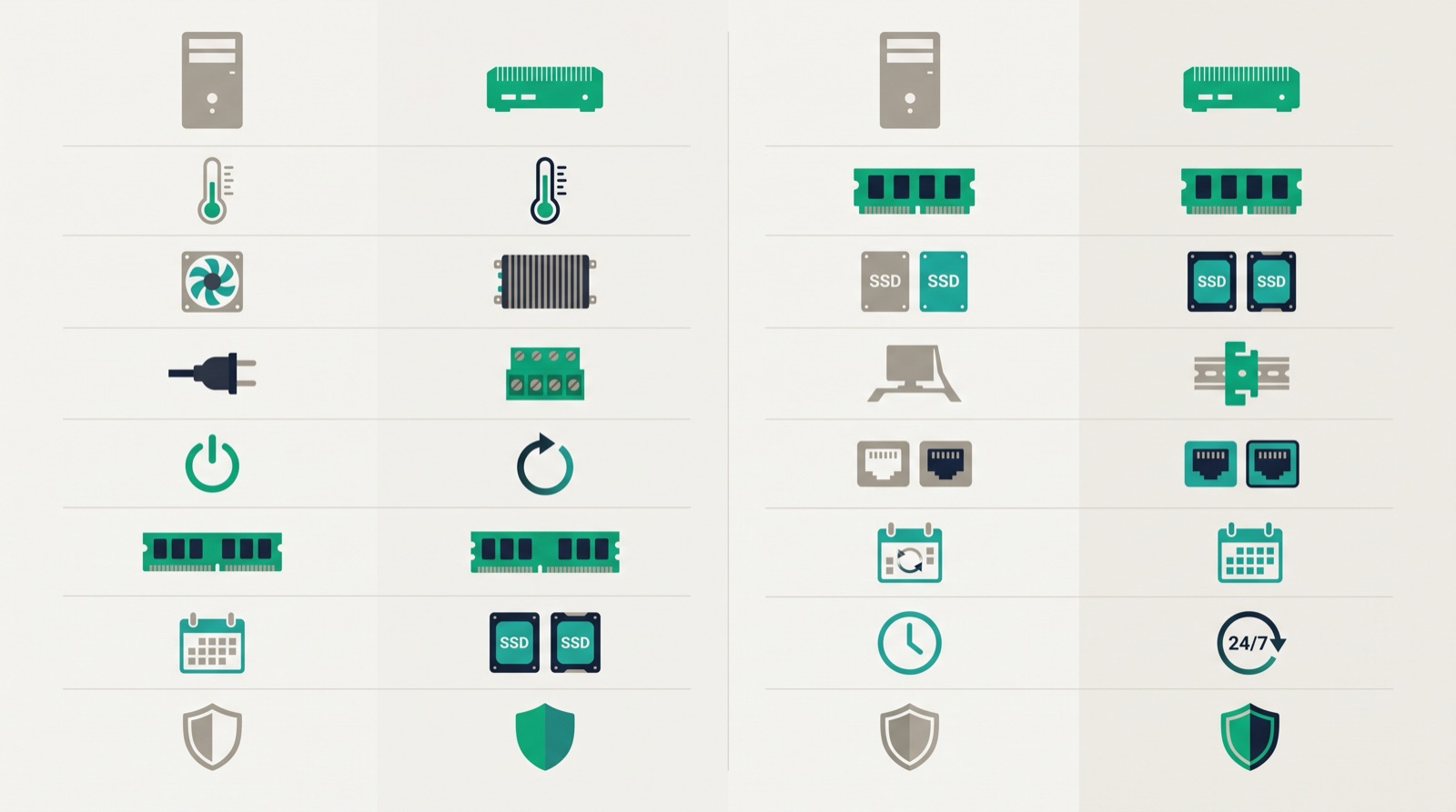 Ev tipi PC ile endüstriyel Box PC teknik karşılaştırma tablosu infografiği