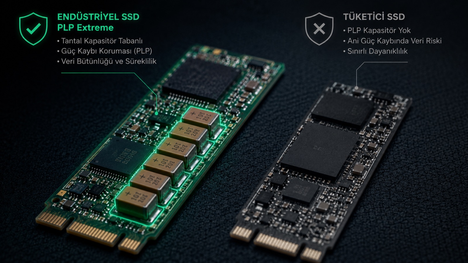 Endüstriyel SSD üzerindeki güç kesintisi koruması kapasitörleri ve TBW dayanım karşılaştırması