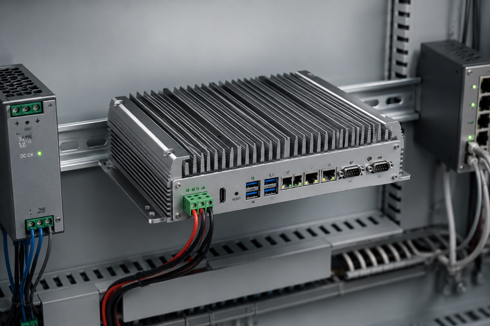 IPC4PRO fansız endüstriyel Box PC saha panosunda DIN-rail üzerinde kurulu, çoklu LAN ve vidalı DC girişi