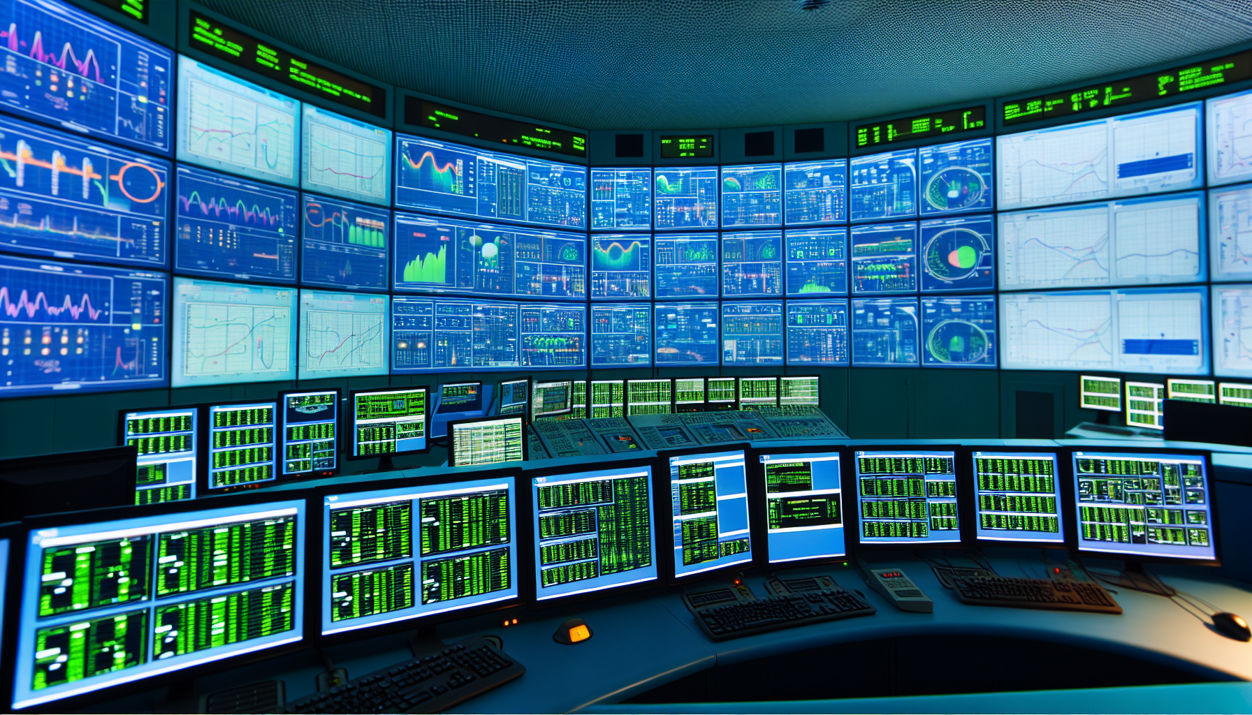 SCADA kontrol odası, enerji verileri gösteren monitörler